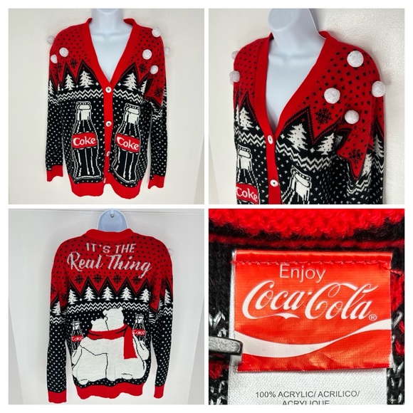 Coca-Cola Ugly Christmas Sweater Cardigan Size Small Pom Pom Coke Polar‎ Bears - Picture 1 of 12